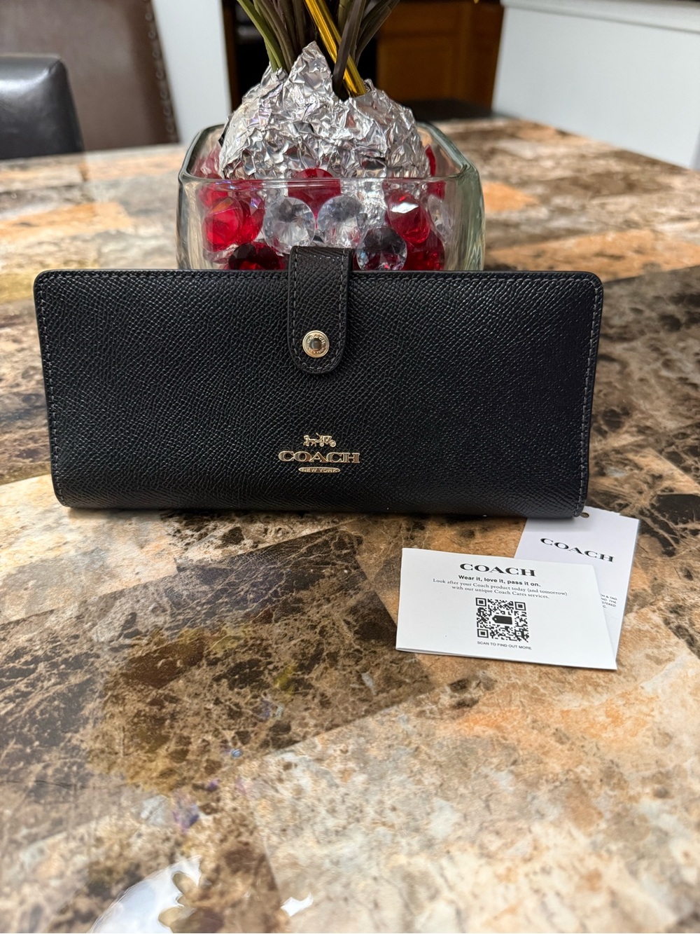 Coach Black Leather Continental Wallet with Gold Logo Accent